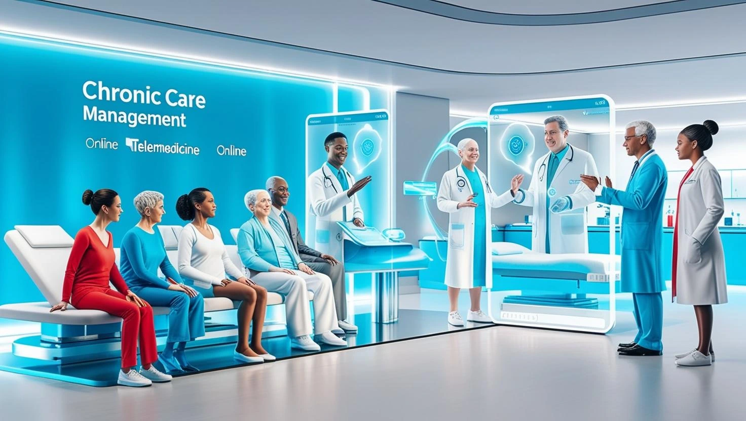 Healthcare team collaborating on chronic care management platform showing patient data and care plans