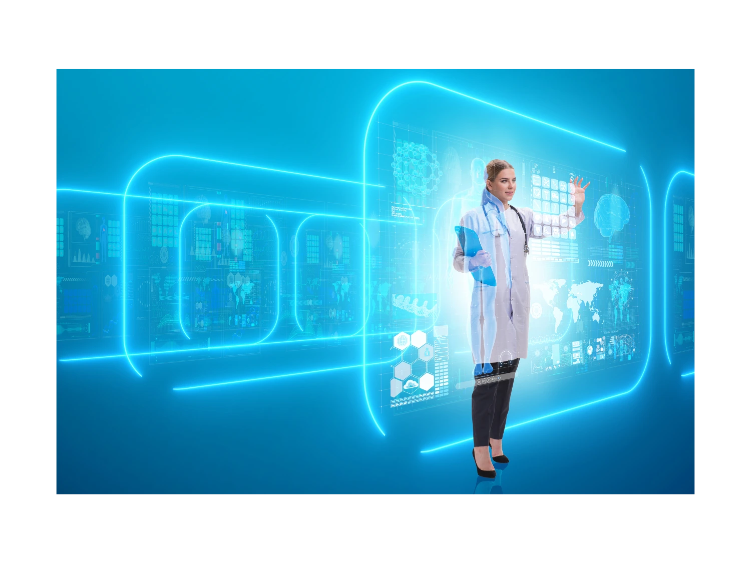 Medical professional using white-labeled DocGenie telemedicine platform with customized branding for virtual consultation with patient