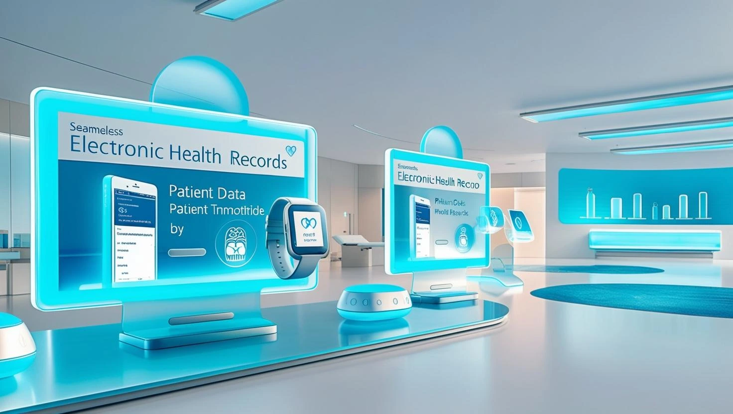 Healthcare professional integrating DocGenie white label telemedicine platform with existing EHR systems on multiple screens showing seamless workflow